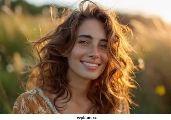 Portrait of a beautiful young woman with freckles and curly hair smiling in a field of tall grass at sunset