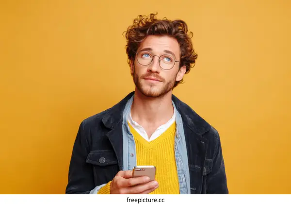 Caucasian Man Thinking About Mobile Phone
