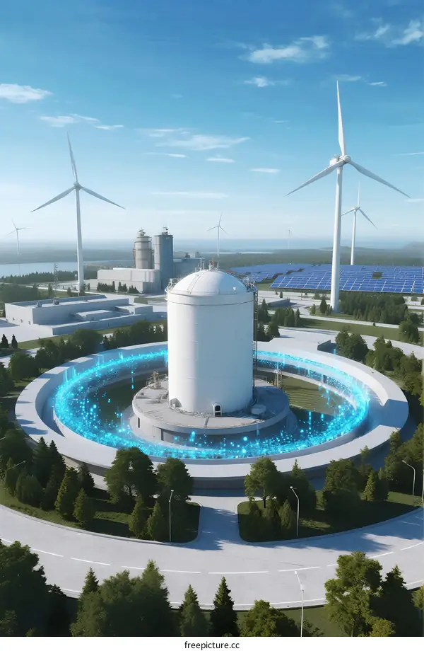 Nuclear Power Plant with Wind Turbines and Solar Panels