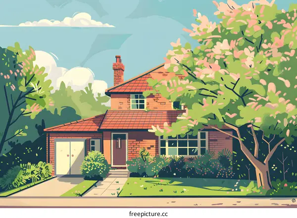 Brick House with Lush Green Trees and Flowers