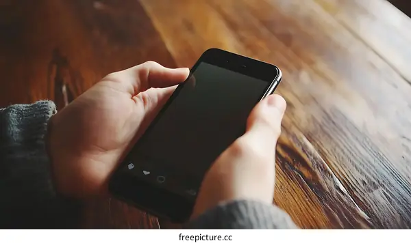Person Using Smartphone On Wooden Table