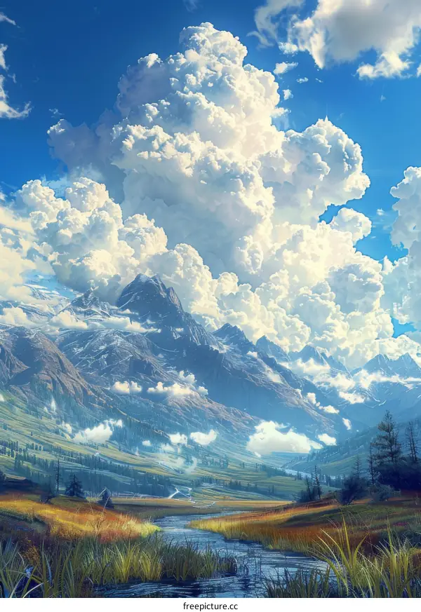 Fantasy landscape with mountains, river, and clouds