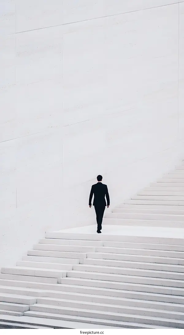 Man Walking Up White Stairs Towards a White Wall