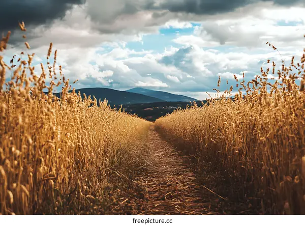 Path Through Field Of Wheat Under Cloudy Sky