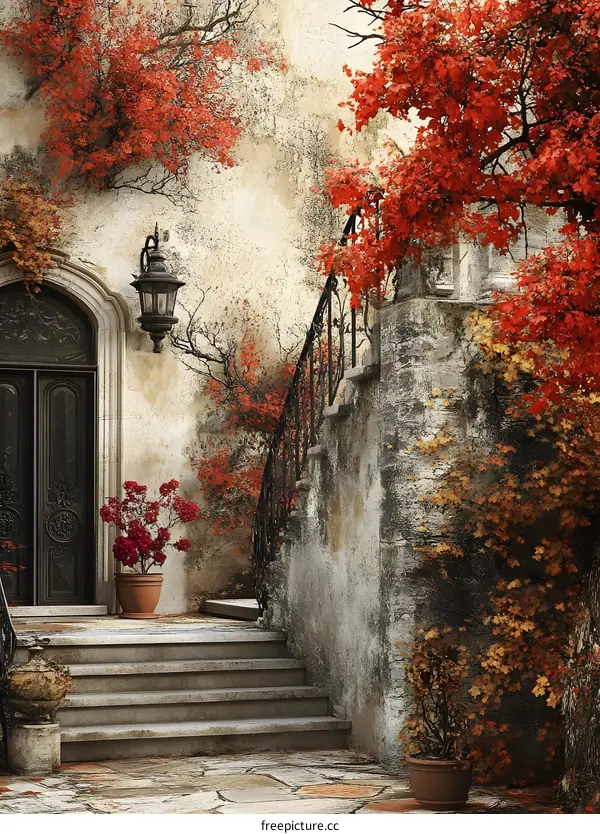Vintage Autumn Steps and Doorway