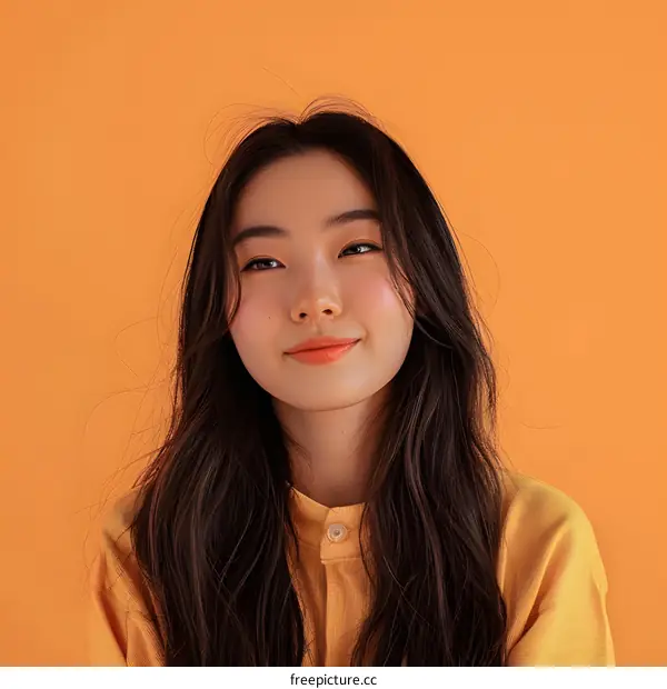 Smiling Asian Woman with Long Hair Against a Yellow Background