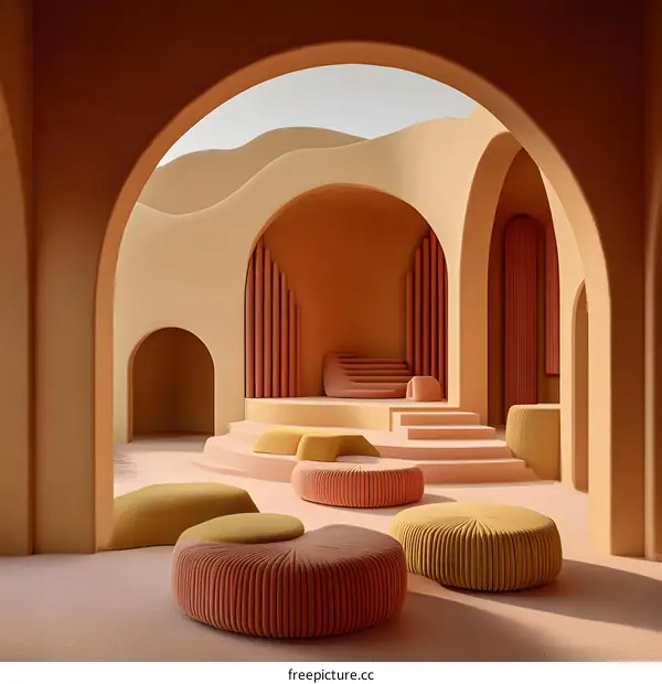Abstract Minimalist Architecture with Archways and Pillows