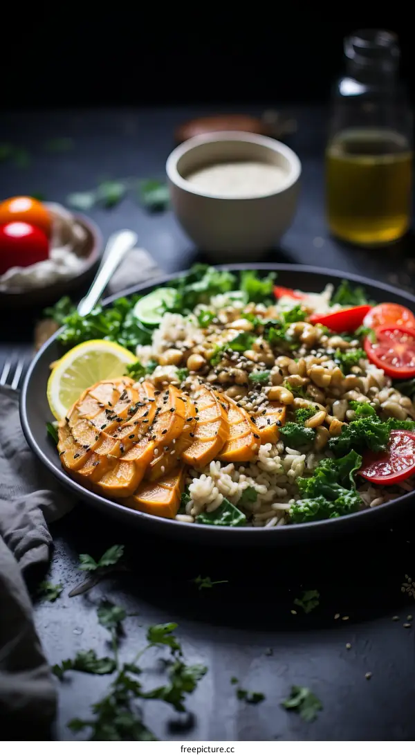 Roasted Sweet Potatoes with Black Rice and Kale Salad