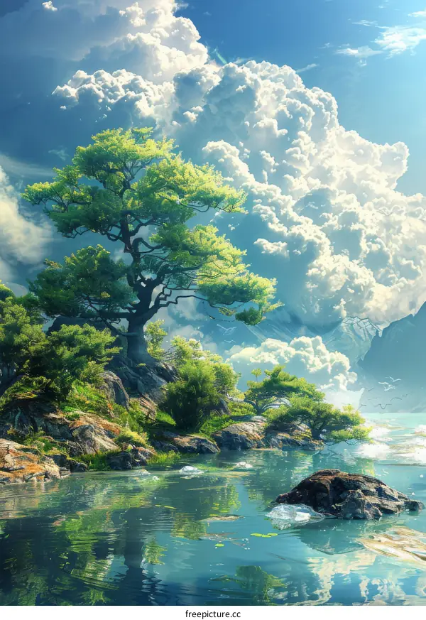 Fantasy Lake and Mountain Landscape