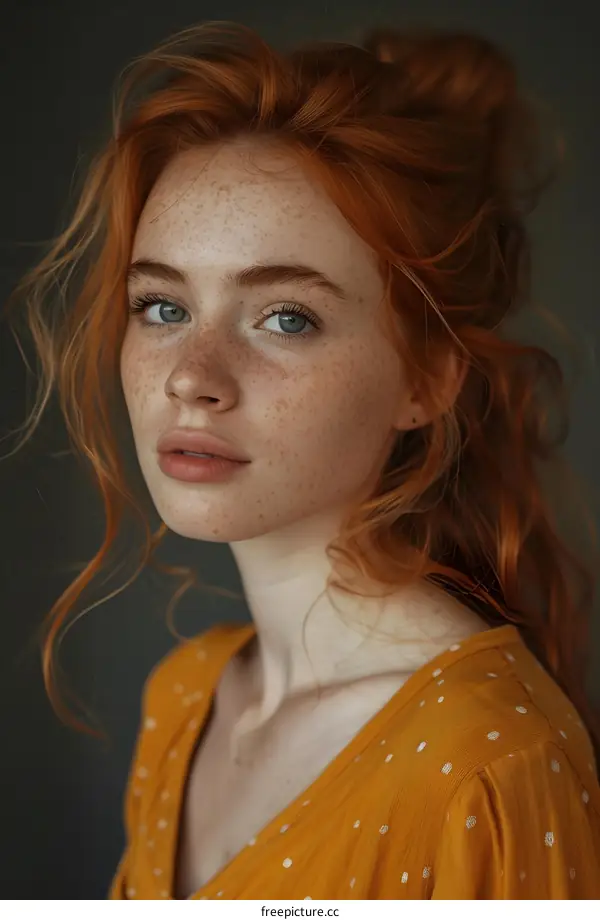 portrait of a young woman with freckles and red hair