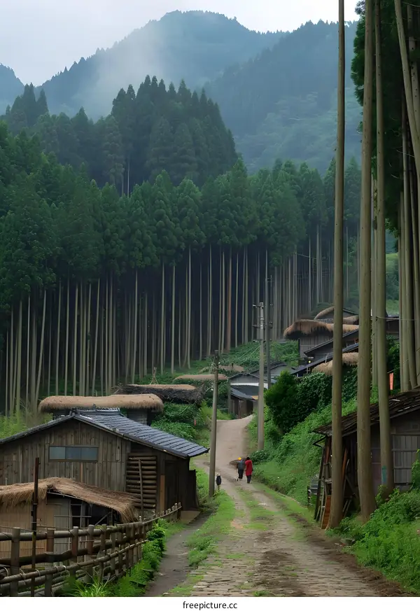 Scenic Pathway Through A Lush Forest Village