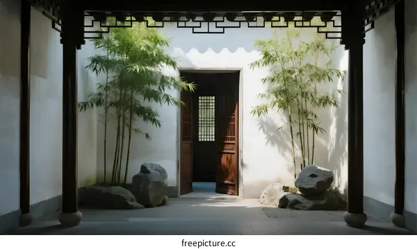 Traditional Chinese Courtyard with Bamboo and Stones