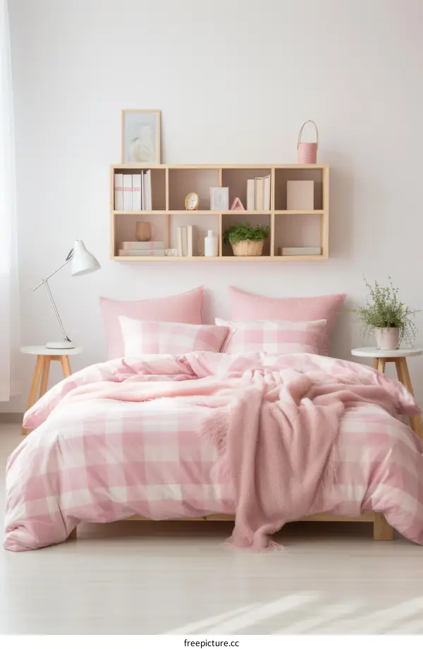 Cozy Pink and White Gingham Bedroom with Natural Wood Decor