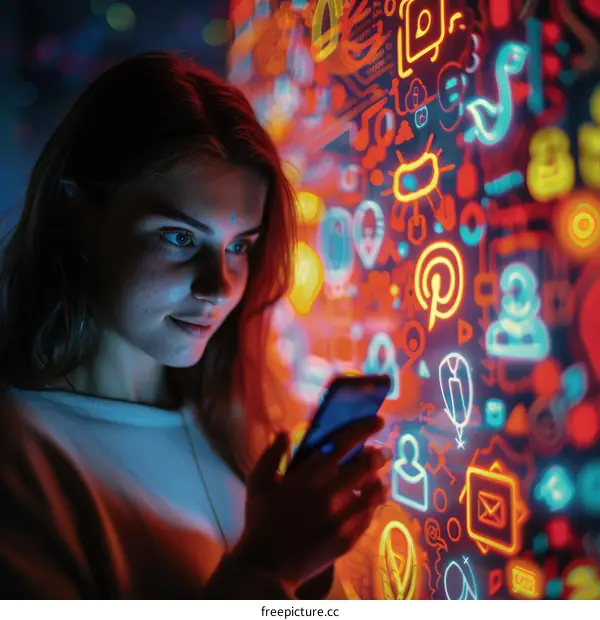 Young woman looking at her phone with social media icons in the background
