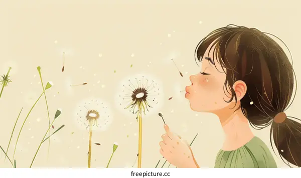 Girl Blowing Dandelion Seeds in Spring Meadow