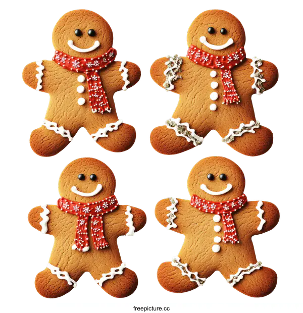 [Transparent Background PNG]Four Christmas Gingerbread Men Cookies on White Background