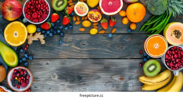 Fresh and vibrant fruits and vegetables arranged on a wooden table