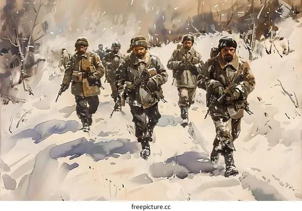 A group of soldiers trudging through the snow in winter.