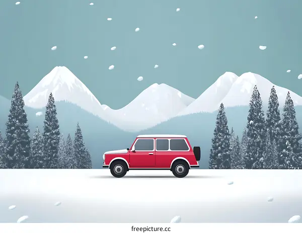 Red Car on Snowy Mountain Road