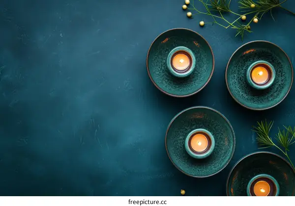 Tealight candles in ceramic bowls on dark blue background with green foliage