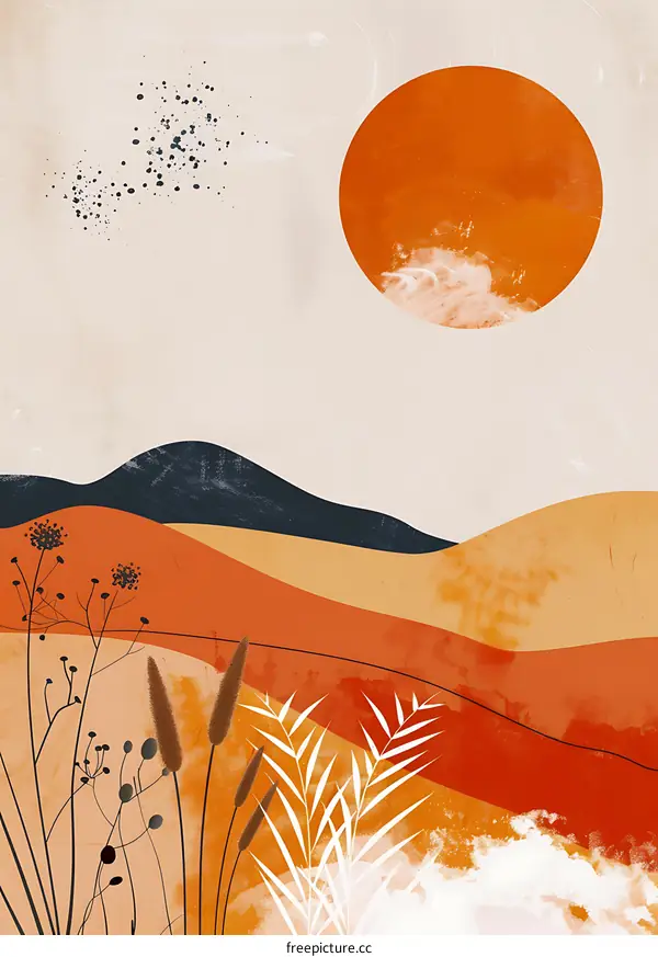 Minimalist Abstract Landscape With Sun And Mountains