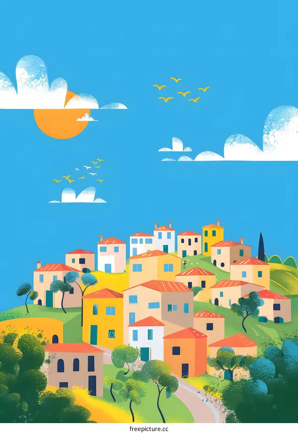 Colorful Illustration of a European Village with Houses and Trees