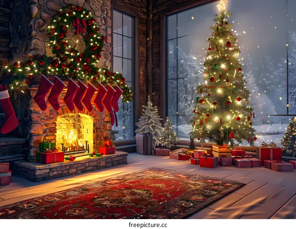 Christmas tree by the fireplace