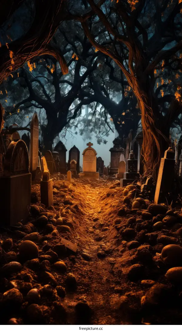 Graveyard with large tree branches forming an archway