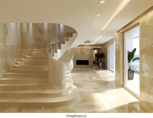 Staircase in a modern house with a large window