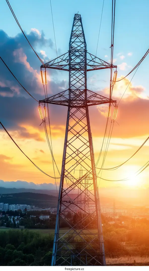 Sunset view of a power transmission tower
