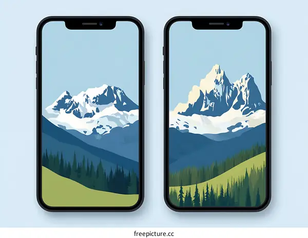 Two Phone Screens with Mountain Landscape Illustrations