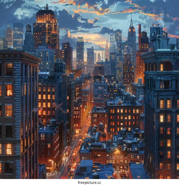 New York City Night Street Scene Illustration