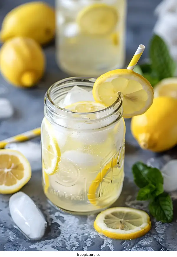 Refreshing Lemonade with Lemon Slices and Ice Cubes