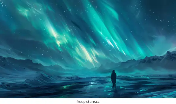 Aurora borealis landscape with a person standing in the middle admiring the night sky