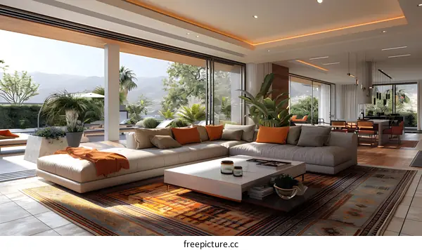 Modern open plan living room with mountain views