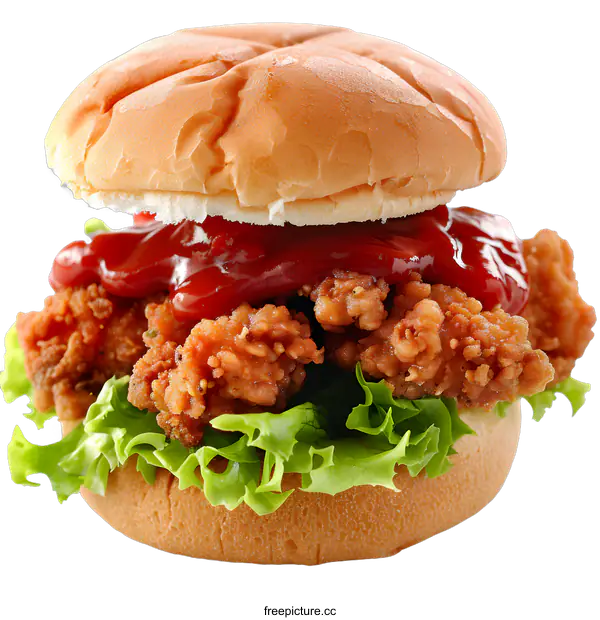 [Transparent Background PNG]Fried chicken sandwich with lettuce and ketchup