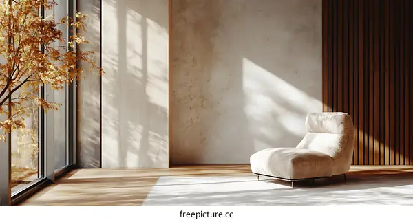 Modern Minimalist Living Room Interior Design With Beige Armchair And Wooden Wall