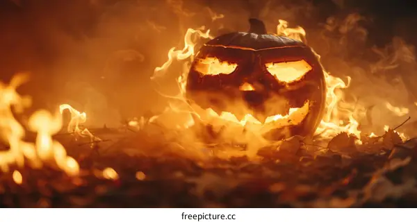 flaming pumpkin in the dark