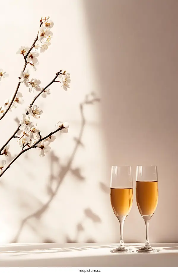 Two Glasses of Champagne with Spring Flowers and Sunlight