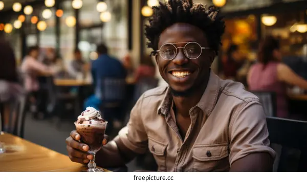 A young African-American man is sitting at a table outside a cafe smiling and holding a glass of chocolate milkshake