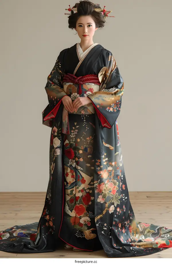 Japanese bride wearing a black furisode kimono