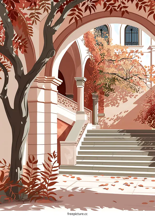 Autumn Leaves Fall on the Steps of a Building