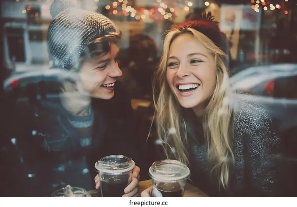 Couple Laughing at Coffee Shop Window