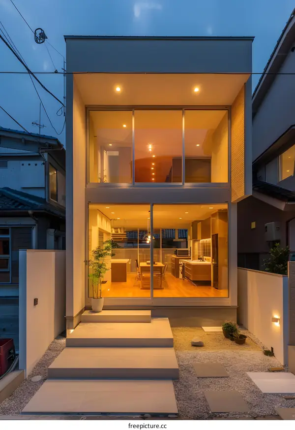 Modern Minimalist House with Glass Walls and Stone Steps