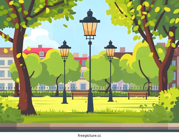 Green Park with Lamp Posts and Benches