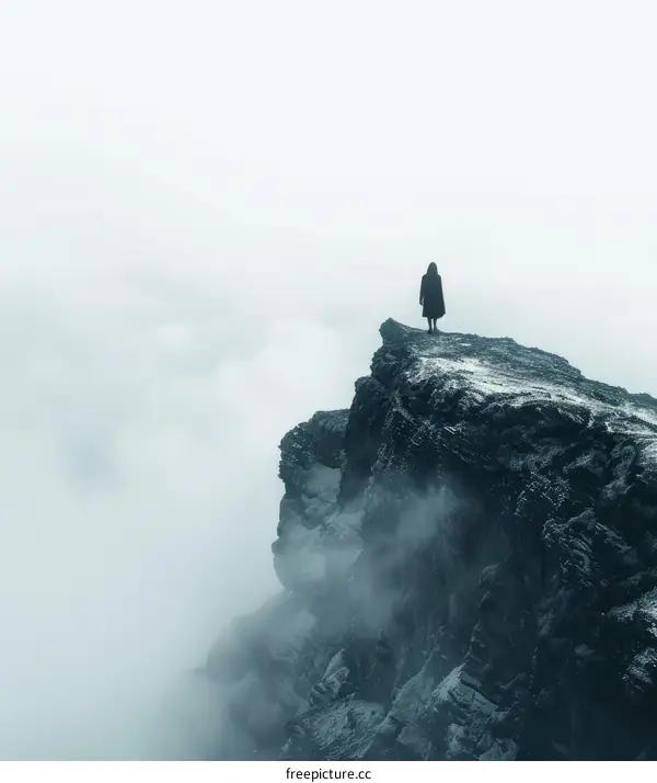 A solitary figure stands on a cliff overlooking a vast, foggy landscape, with mountains in the background