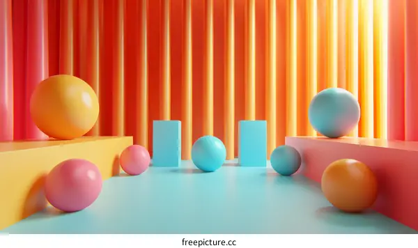 3D rendering of a colorful geometric podium with balls