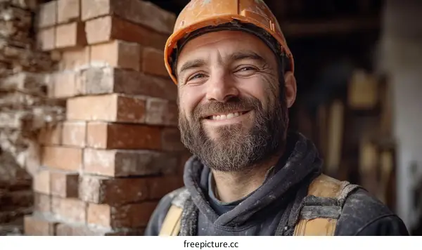 Smiling Construction Worker with Brick Background