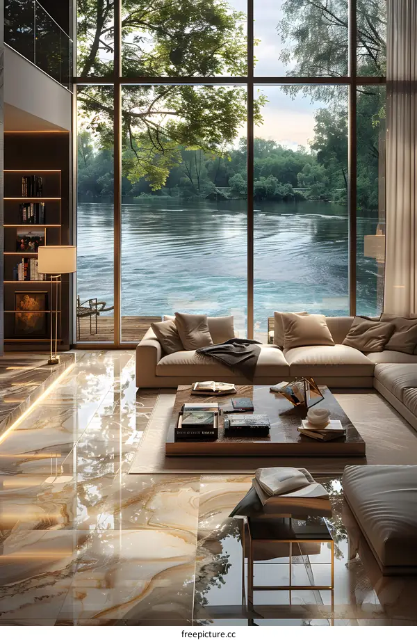 Luxury living room with lake view