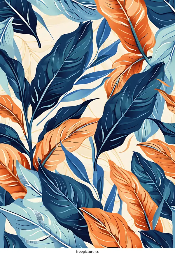 Blue and Orange Leaves Seamless Pattern